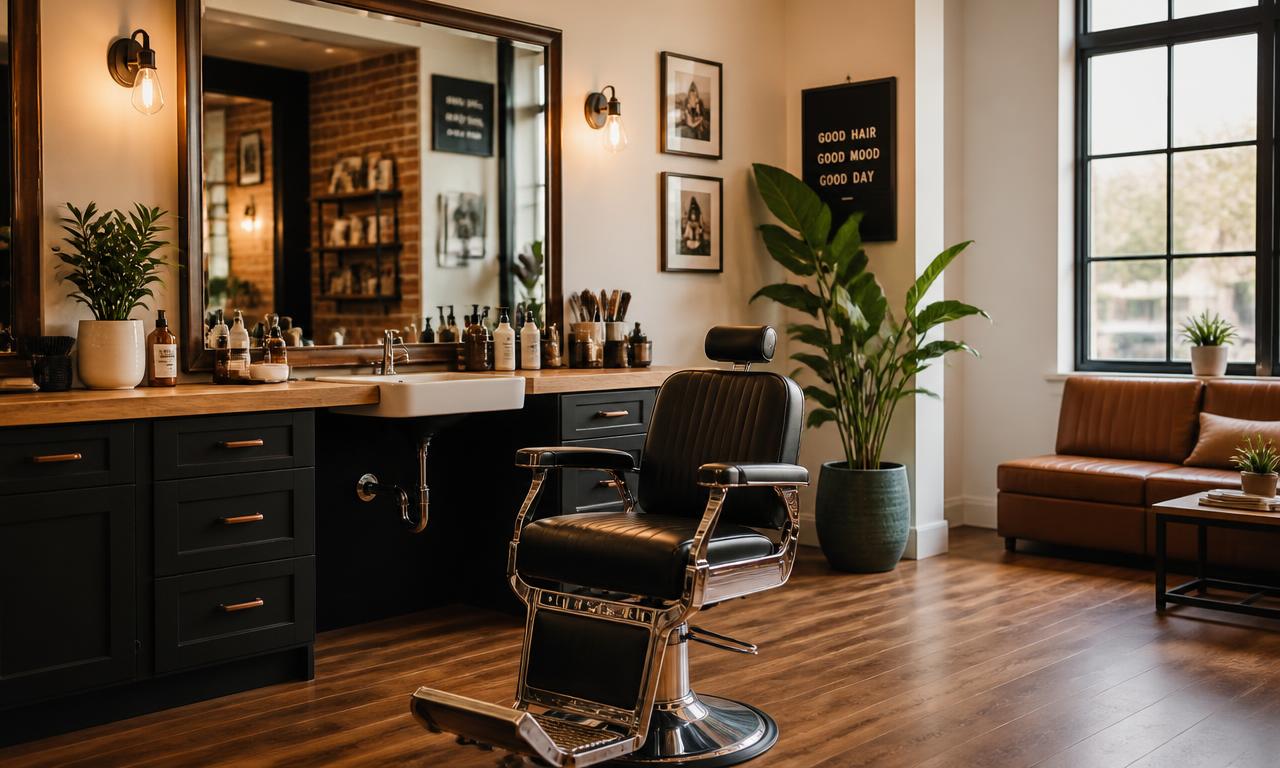 A warm, modern salon workspace with a styling chair, mirror, and natural light — built for barbers, stylists, braiders and nail technicians